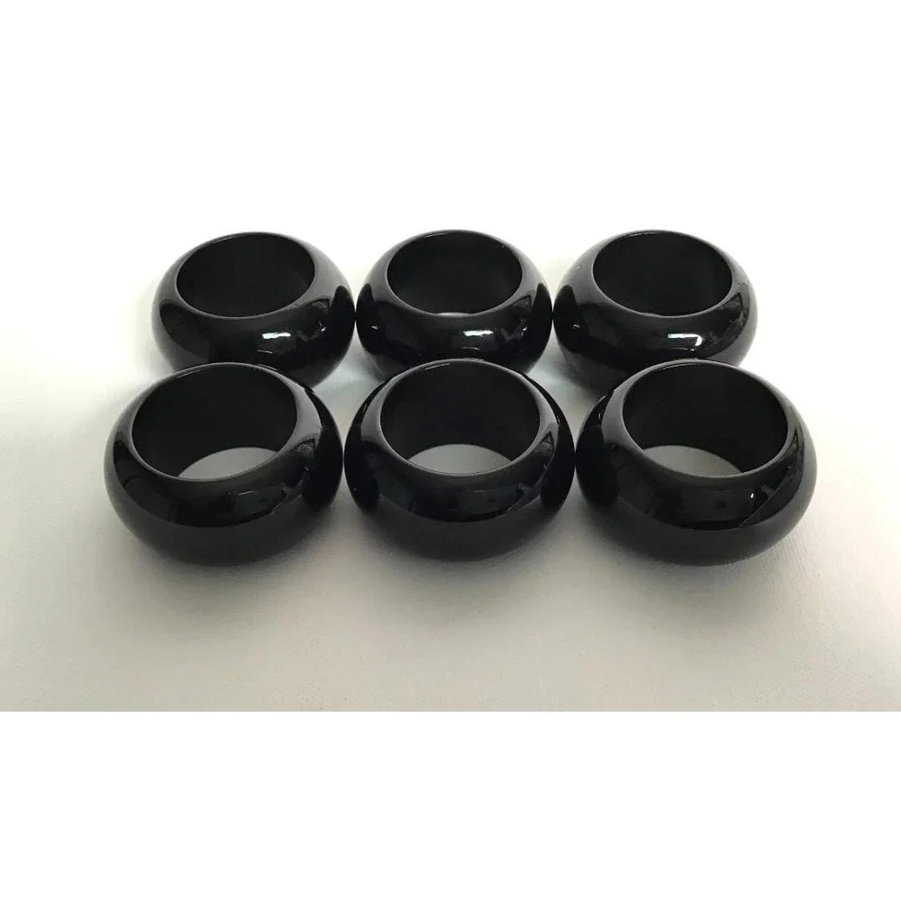 Vtg Light Blue Hemstitch Linen Napkins with Glossy Black Resin Napkin Rings (6)